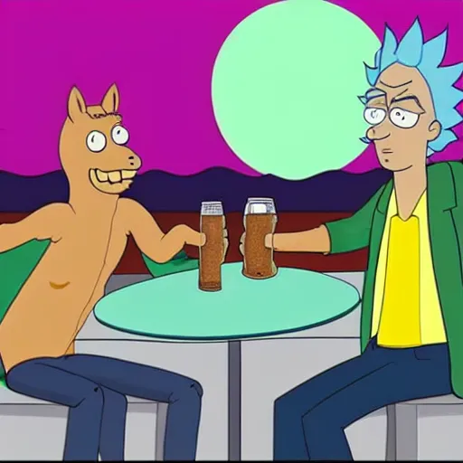 Prompt: Bojack Horseman and Rick Sanchez have a beer together discussing Nihilism