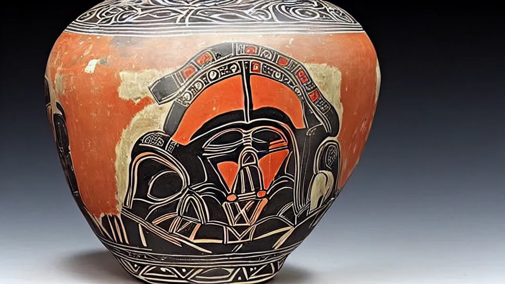 Prompt: a pot with a decorative minoan art style where we can see darth vader