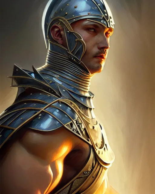 Image similar to Muscular and powerful medieval male knight portrait, art nouveau, fantasy, intricate triangular designs, elegant, highly detailed, sharp focus, art by Artgerm and Greg Rutkowski and WLOP