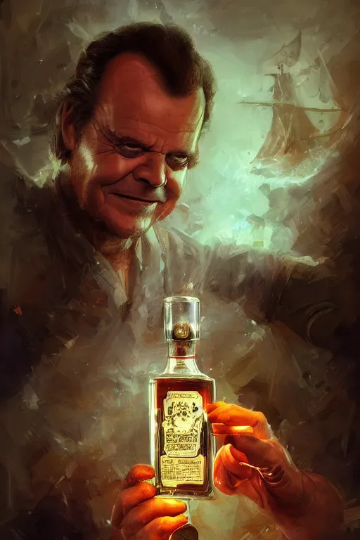 Prompt: a ship in a bottle but instead of a ship it is jack nicholson in the bottle, a young jack nicholson, fancy whiskey bottle, hyper detailed, digital art, artstation, cinematic lighting, studio quality, smooth render, by peter mohrbacher, hajime sorayama, boris vallejo, craig mullins