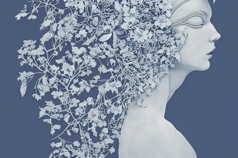 Image similar to woman portrait, goddess of greek mythology, orthodox saint, amalgamation of leaves and flowers. balenciaga, intricate complexity. matte paper, cut paper texture. by Jeffrey Catherine Jones, James jean, Miho Hirano, Hayao Miyazaki, coarse gritby. Full of light-blue and silver and white layers. Exquisite detail 8K