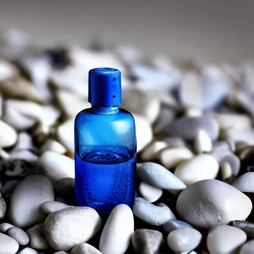 Prompt: blue perfume bottle lying on white pebbles close shot, white background, zen, light, modern minimalist f 2 0 clean and fresh