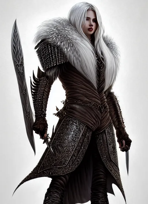 Image similar to fur leather armor!!! long wild white hair!! covered chest!!! fantasy, d & d, intricate ornate details, symmetry, concept art, sharp focus, illustration, art by artgerm! greg rutkowski magali villeneuve wlop! ilya kuvshinov!!, octane render, unreal engine 5, highly rendered!!