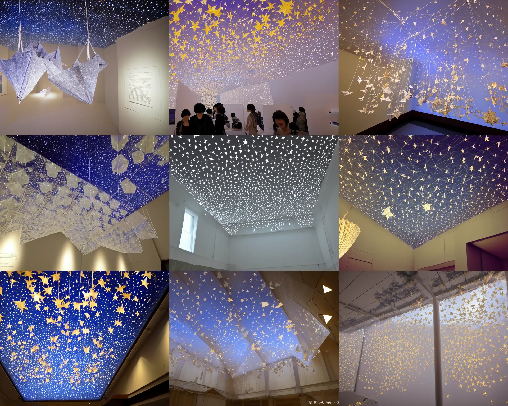 Prompt: origami exhibit with glass ceilings showing the stars and hanging silk drapery and tapestries, light dust, magnificent, close up, details, sharp focus, elegant, highly detailed, illustration, by Jordan Grimmer and greg rutkowski and PiNe(パイネ) and 薯子Imoko and 香川悠作 and wlop and maya takamura, intricate, beautiful, Trending artstation, pixiv, digital Art