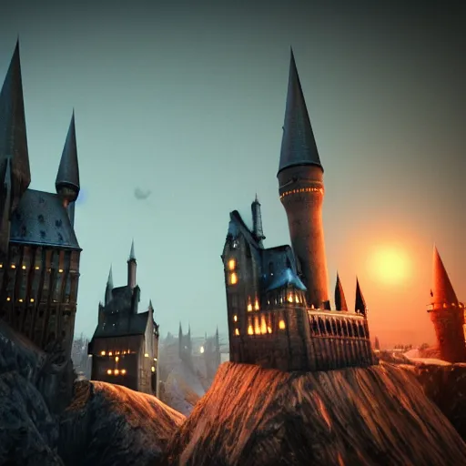 Prompt: hogwarts towers, night sky, mid shot, ultra detailed, hyperrealistic, octane render, unreal engine, snow, mist and fog, depth of field, intricate details, ornate