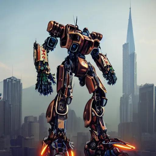 Prompt: a beautiful hyperrealistic ultradetailed 3D render of a gigantic mecha standing behinder the city, by brian sum and stephen martiniere and Antonio Manzanedo. mech, dragon, unreal engine, octane render, PBR, 3D, brilliantly colored, intricate, wide angle, volumetric lighting, polished, path tracing