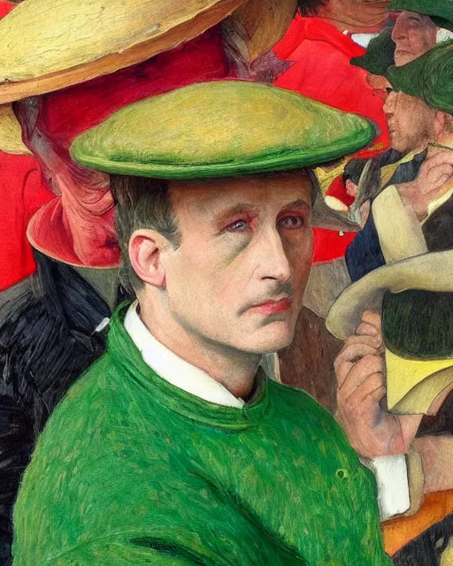Prompt: a painting of brent spiner with a green hat by ernest bieler, shutterstock contest winner, german romanticism, wimmelbilder, detailed painting, 8 k