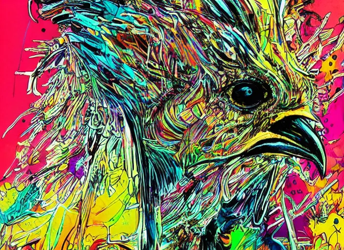 Image similar to psychedelic chicken illustrations by ralph steadman and bill sienkiewicz and carne griffiths