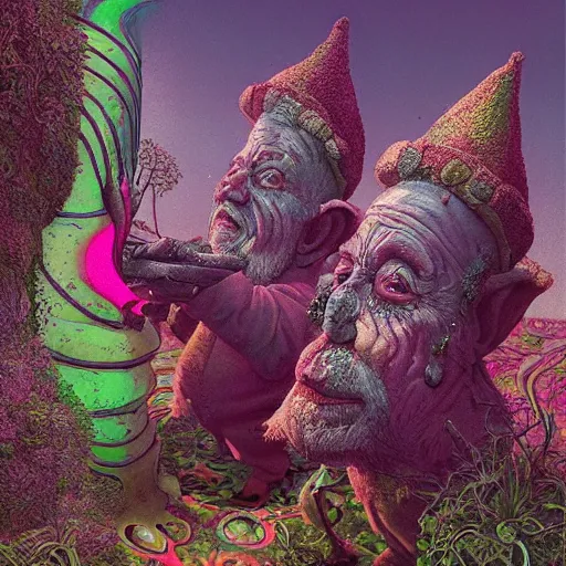 Image similar to hyperdetailed psychedelic horror fantasy portrait of garden gnomes by wayne barlowe and beeple, vivid color, album cover,