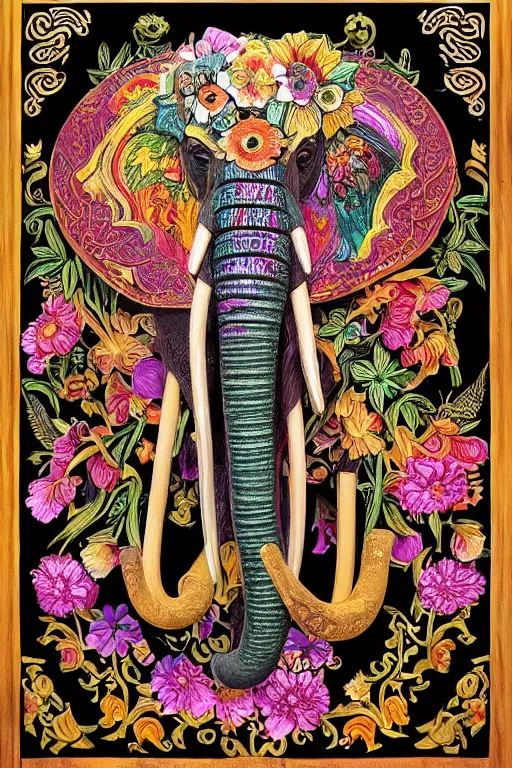 Image similar to Painted dark-wood relief carving of a Flowerpunk Matriarch Elephant, explosion of colorful flowers, dark wood, intricately carved, black ink, festival of rich colors, intricate details, cinematic lighting, volumetric lighting, post-processing, by andreas rocha and john howe, and Martin Johnson Heade, featured on artstation, featured on behance, golden ratio, hyper detailed, photorealistic, epic composition, center spotlight, f32, well composed, UE5, 8k