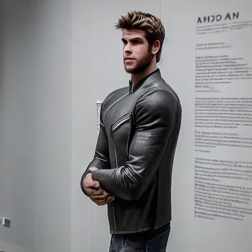 Image similar to “ a realistic detailed photo of a guy who is an attractive humanoid who is half robot and half humanoid, who is a male android, actor liam hemsworth, shiny skin, posing like a statue, blank stare, at the museum, on display ”