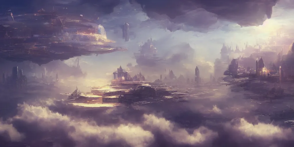 Image similar to a floating city in the clouds, 4 k, artstation