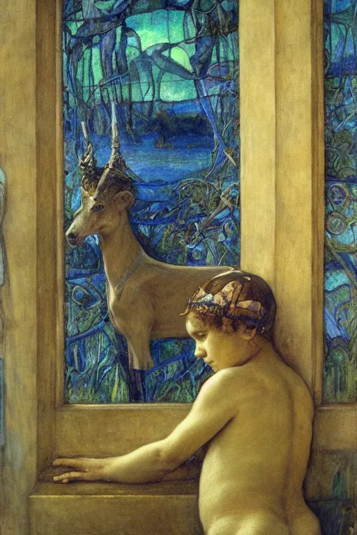 Image similar to the prince in his bone crown and regalia stands by the window at dusk,by Annie Swynnerton and Diego Rivera and Elihu Vedder, symbolist, dramatic lighting, elaborate geometric ornament, Art Brut, soft blues and greens,smooth, sharp focus, extremely detailed, Adolf Wölfli