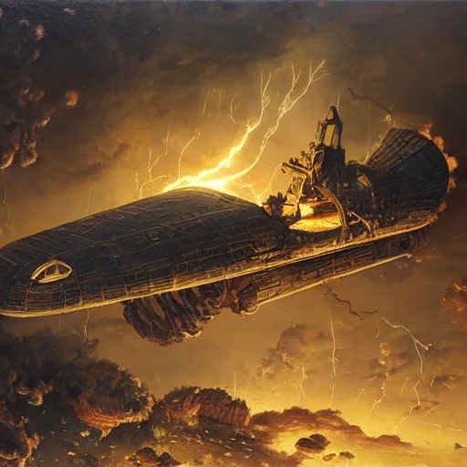 Image similar to a roman spaceship, stuck in the ground, the spaceship is on fire, smoke, rainstorm, lightning, angry, kinetic, adolphe bouguereaum, norman rockwell, trending on artstation, highly detailed oil painting,