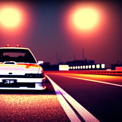 Image similar to a car drifting JZX100 on Ebisu Circuit, Shibuya prefecture, city sunset, cinematic color, photorealistic, highly detailed, bokeh, DOF, octane render