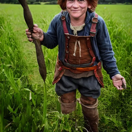 Prompt: portrait, a hardworking halfling female farmer, ragged clothes, standing in a field