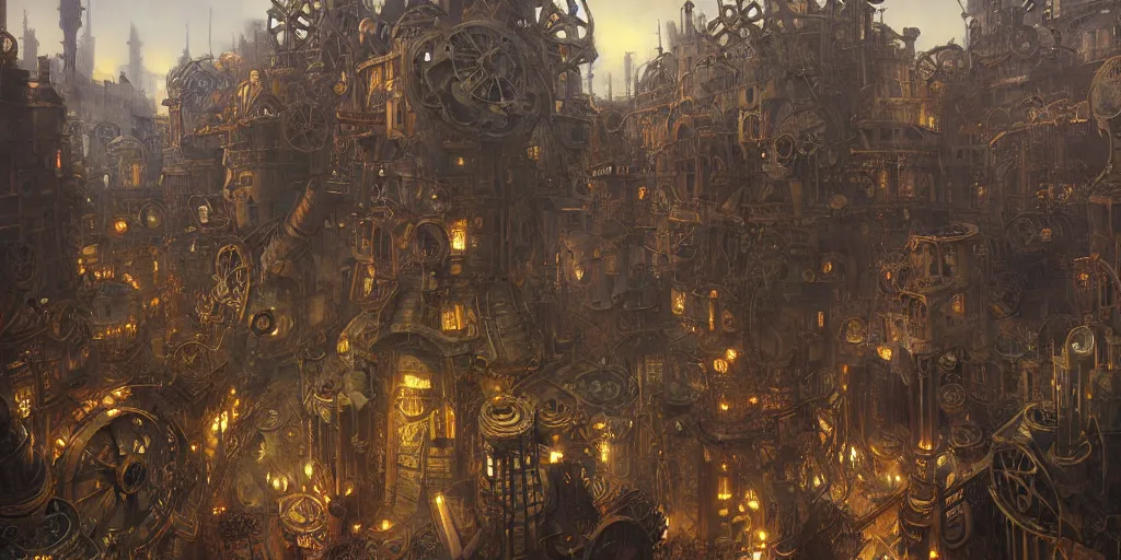 Image similar to steampunk city built on giant gears, clockwork, giant mechanisms, industry, steampunk villages castles, buildings vista artstation illustration sharp focus sunlit vista painted by ruan jia raymond swanland lawrence alma tadema zdzislaw beksinski norman rockwell tom lovell alex malveda greg staples