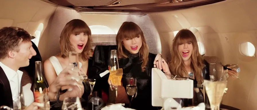 Image similar to Cinematography Taylor Swift Lauging and drinking champagne in her private jet by Emmanuel Lubezky