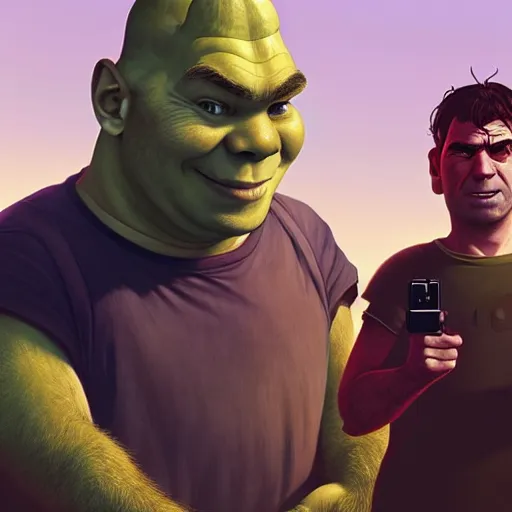 Prompt: zidane and shrek wearing vr playing gta v, highly detailed, digital painting, artstation, concept art, sharp focus, illustration, art by greg rutkowski and alphonse mucha