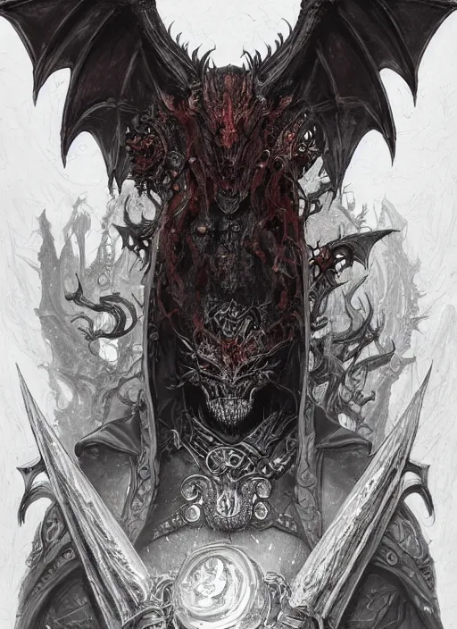 Image similar to Tiberius Stormwind, Dragonborn Sorcerer from Draconia and a member of Vox Machina, industrial rust, dark RA face illustration, symmetrical, evil, chaos, hypermaximalist, ornate, horror, Cliff nielsen, Peter Mohrbacher, Marc Simonetti, detailed, intricate ink illustration, symmetry, bloodborne