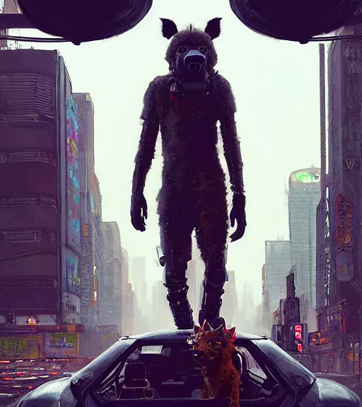 Image similar to new york city portrait of furry anthro anthropomorphic spotted hyena head animal person fursona wearing clothes strange cybernetic muzzle gloomy rainy screenshot from the video game cyberpunk 2077 digital art by Greg Rutkowski, Simon Stalenhag, christopher nolan trending on Artstation, CGSociety