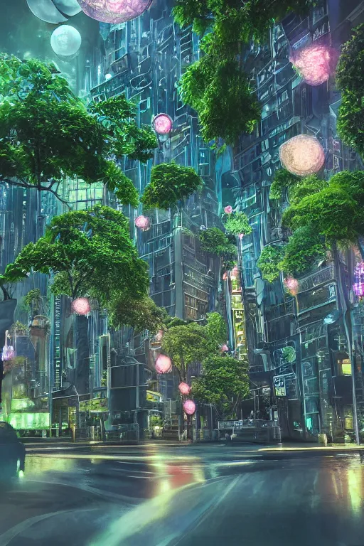 Image similar to extremely detailed awe stunning beautiful futuristic smooth organic city at night, translucent orbs, hyper real, lush flowery greenery, 8k, colorful, 3D cinematic volumetric light, atmospheric light, studio ghibli inspired, fantasy LUT, high contrast, epic composition, sci-fi, dreamlike, surreal, angelic, by Moebius,