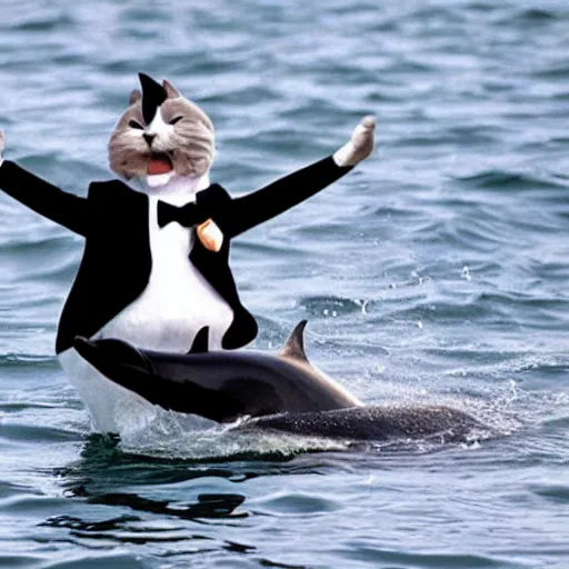 Image similar to “ tuxedo cat riding a dolphin ”