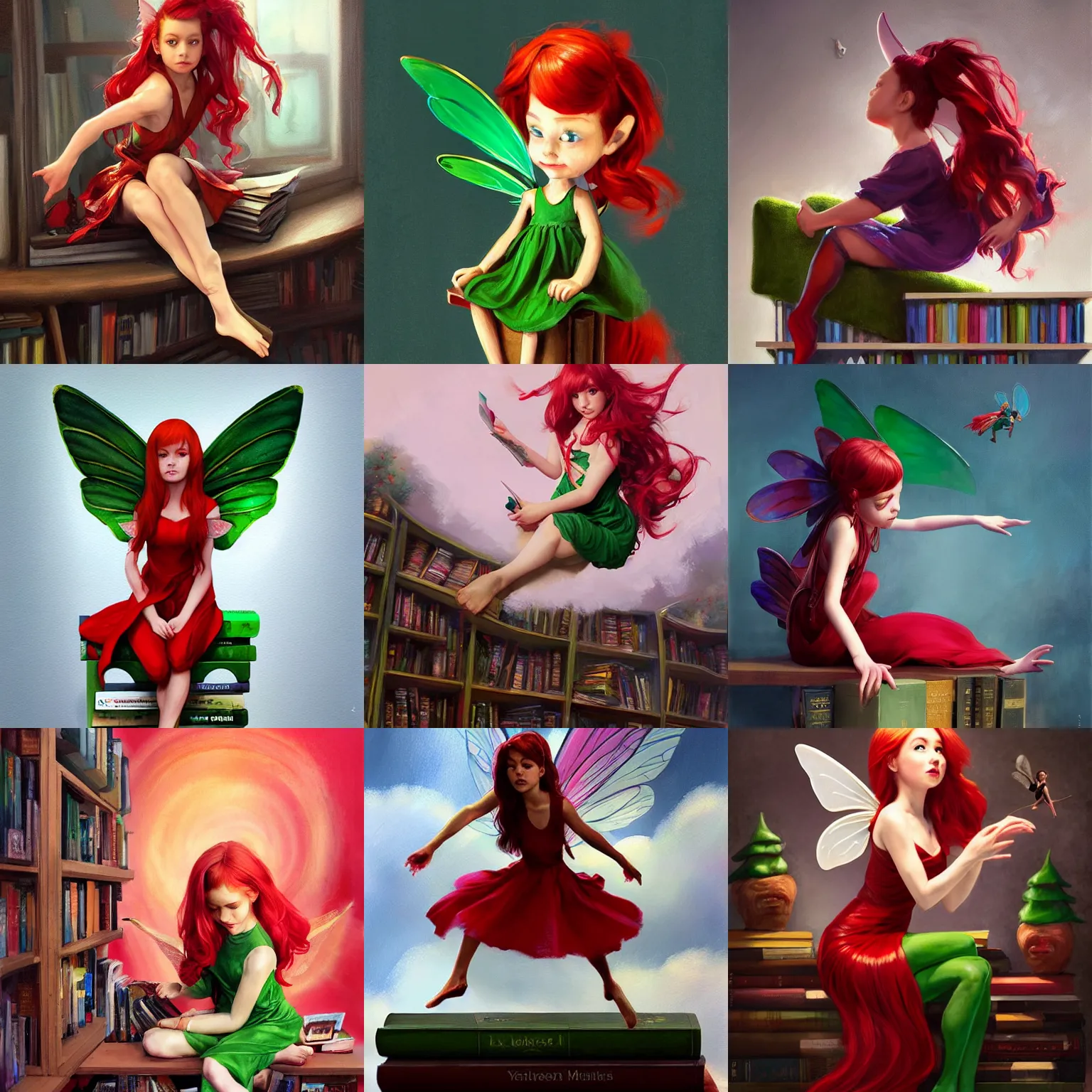 Prompt: a painting of a tiny fairy flying sitting on a bookshelf, ((((library interior)))), red hair, green dress, concept art by artgerm, alex ross, ruan jia, behance contest winner, vanitas, official art, poster art, concept art