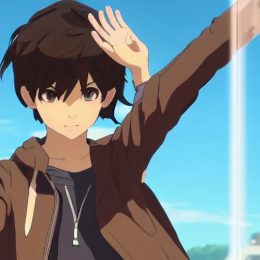 Image similar to anime brown haired boy summons a tsunami with as gesture of his hands. makoto shinkai. kuvshinov ilya. shigenori soejima.