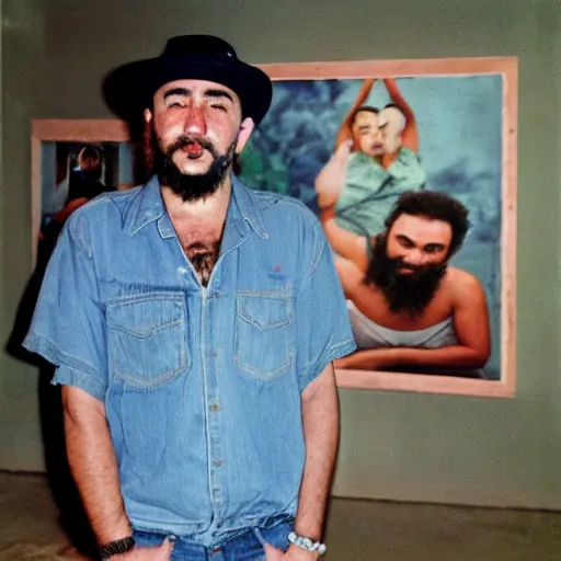 Image similar to fidel castro posing while wearing denim shorts, full body portrait, 3 5 mm film, by nan goldin