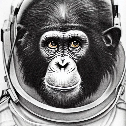 Image similar to pencil art, self portait, highly detailed, epic, chimpanzee in astronaut suit.