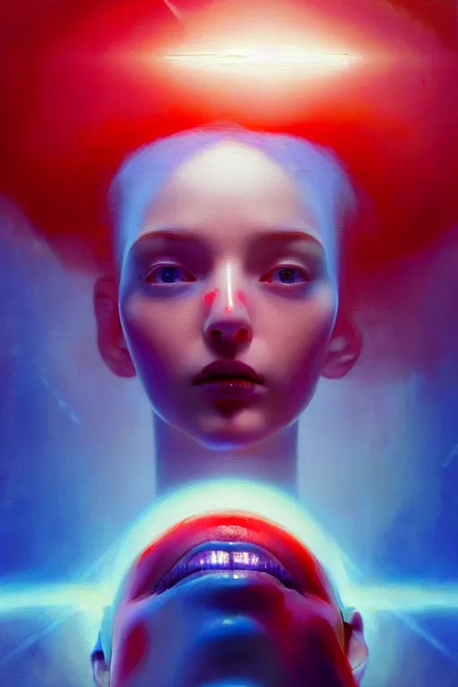 Image similar to 3 d, sci - fi, morning, happy fashion model face, sun, lightning clouds, vogue cover style, light red and deep blue mood, cinematic, realistic painting, intricate oil painting, high detail, figurative art, multiple exposure, poster art, 3 d, by stanley kubrick and tooth wu and wlop and beeple and greg rutkowski