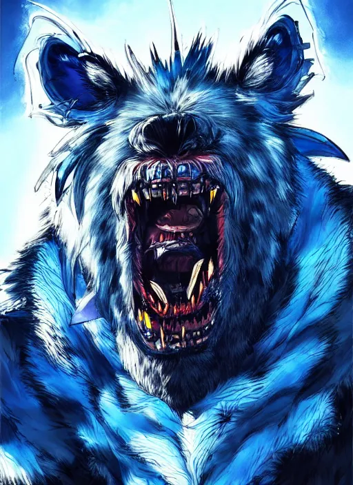 Prompt: Portrait of an giant gnoll beast with silver fur, emanating with blue aura, vibrant colours, chosen by the gods. In style of Yoji Shinkawa and Hyung-tae Kim, trending on ArtStation, dark fantasy, great composition, concept art, highly detailed, dynamic pose.