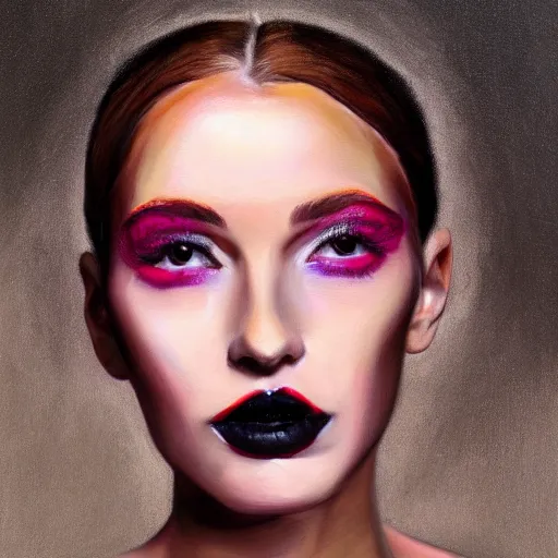 Image similar to hyperrealism oil painting, fashion model portrait, black lips, pink eyelashes