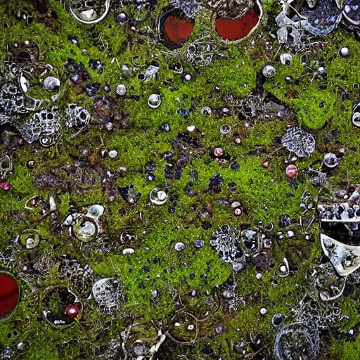 Prompt: moss and lichen dotted biomechanical trees growing on junkyard heaps of electronics and automobile scrapyards amongst puddles of glistening oil