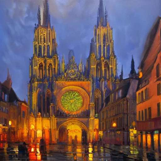 Image similar to an oil painting of Amiens, artstation, interesting lights, cathedral in background, perret