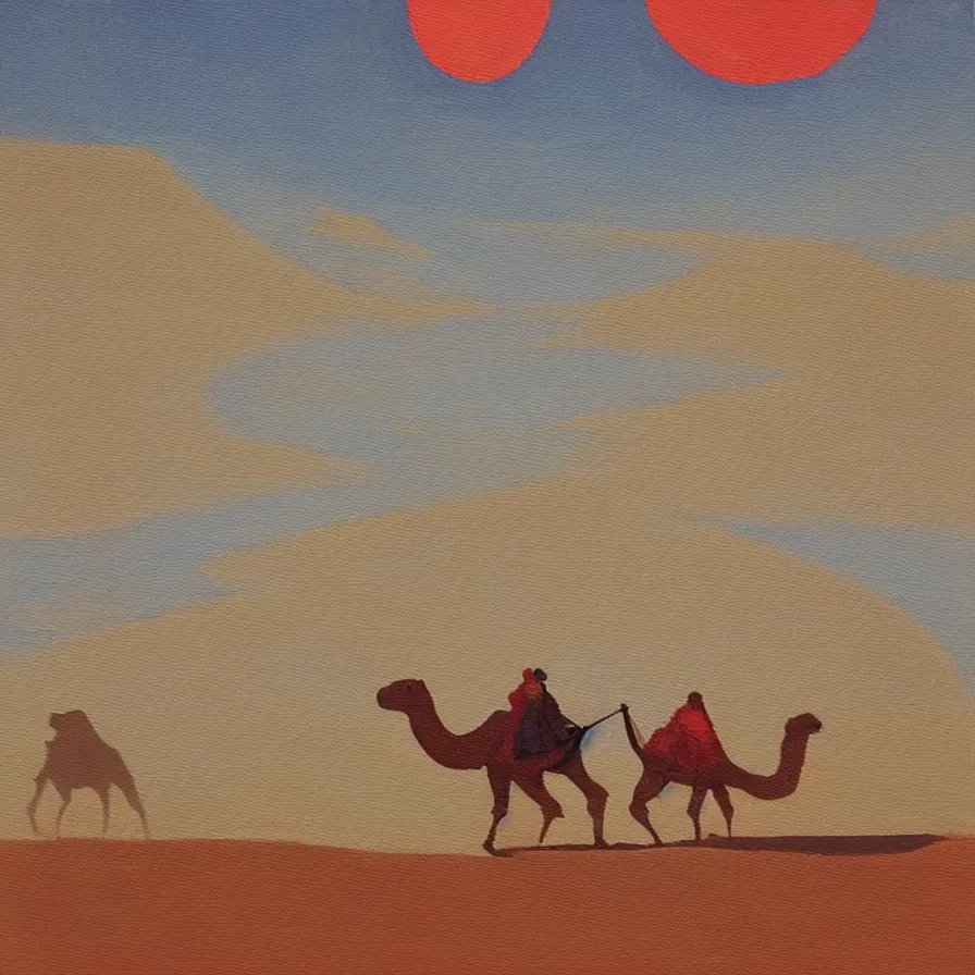 Image similar to “In cubistic style, an oil painting of a camel pulling a red tractor through the desert at night. There is a full moon ”