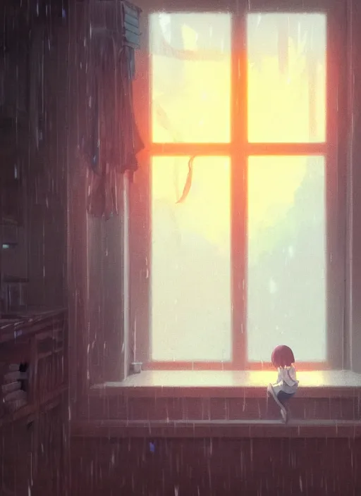 Image similar to interior, near the window, focus the window, rainy outside the room, illustration concept art anime key visual trending pixiv fanbox by wlop and greg rutkowski and makoto shinkai and studio ghibli