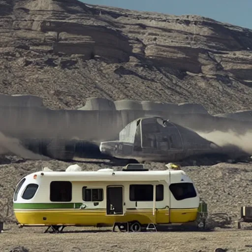 Prompt: the breaking bad rv flying into the deathstar