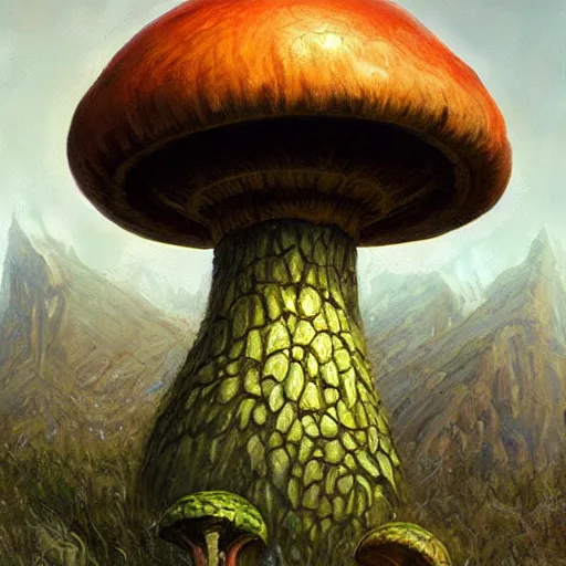 Image similar to giant humanoid mushroom monster, fantasy D&D character, portrait art by Donato Giancola and James Gurney, digital art, trending on artstation