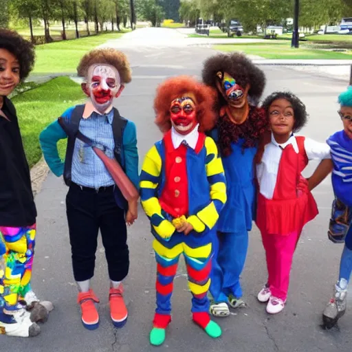 Prompt: First day of school but everyone is a clown