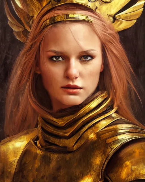 Image similar to beautiful female warrior, half body portrait, long flowing hair, heavy gold armour, realistic oil painting by Boris Valejo