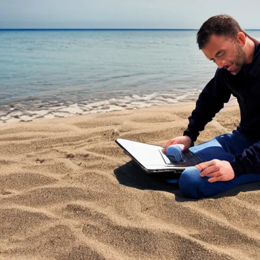 Image similar to photo of man working with notebook on the beach, relax