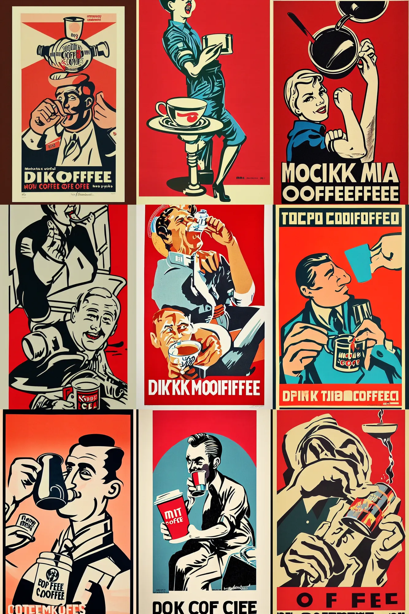 Prompt: soviet propaganda poster, Drink more coffee, by mcbess, full colour print, vintage colours, 1950s