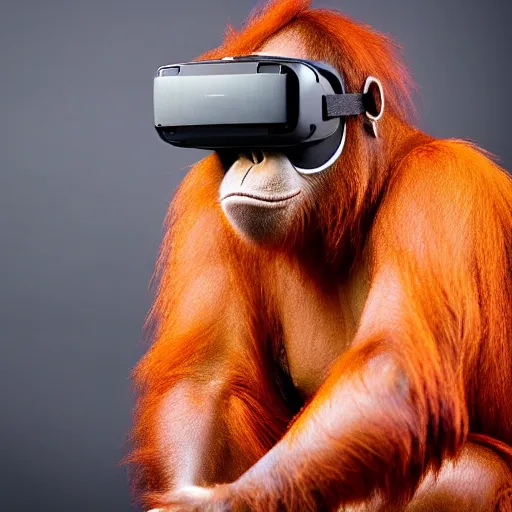 Prompt: orangutan wearing a vr headset, black background