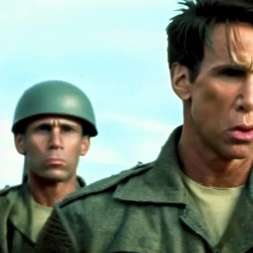 Image similar to movie still of derek zoolander in saving private ryan, using blue steel against germans