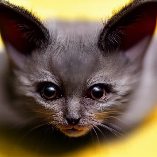 Prompt: bat kitten hybrid, bold natural colors, national geographic photography, masterpiece, full shot