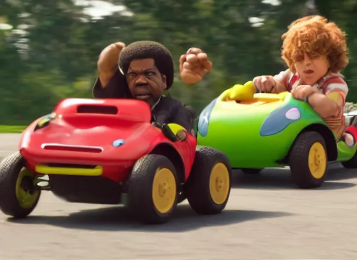 Image similar to peter dinklage racing gary coleman driving a little tikes cars, movie still, from the new fast and furious movie, 8 k, realistic