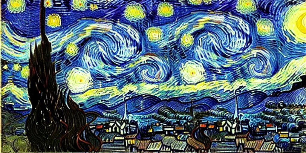 Image similar to The Starry Night drawn by Caspar David Friedrich