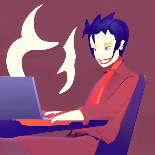 Prompt: a demon programmer gentleman ~ using a laptop ~ evil smile ~ lava background ~ digital art ~ two horns ~